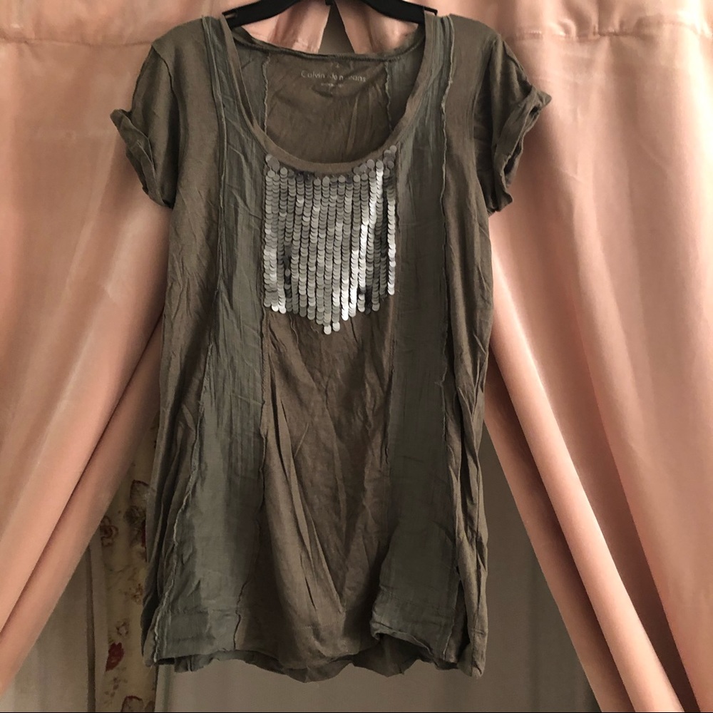 Sequin Detail Olive Green Top
